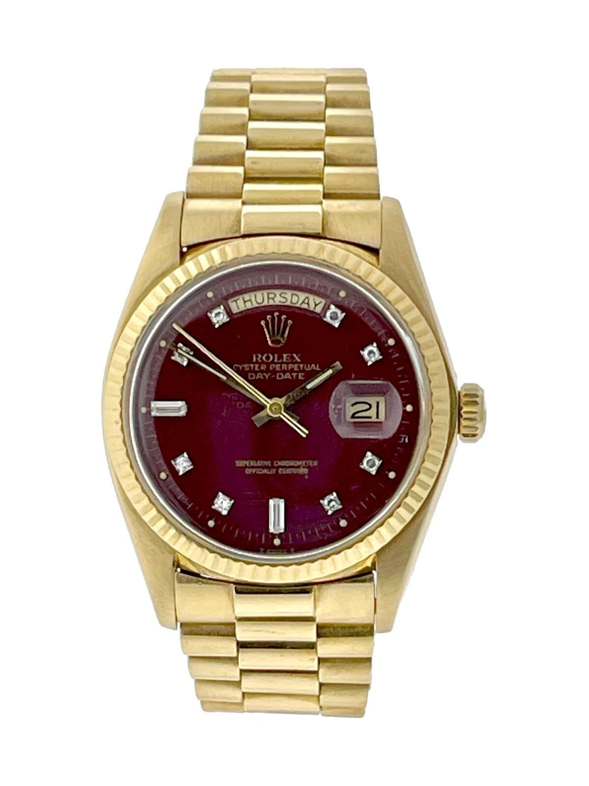 Rolex DayDate Oxblood Stella Diamond Dial Automatic 36mm 18K Gold President 1803