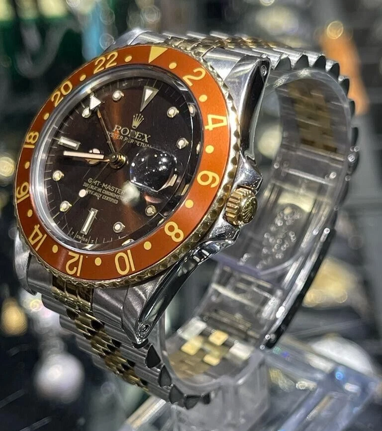 Vintage Rolex Gmt Master 16753 Root Beer Nipple Lava Dial 18k Gold Bezel